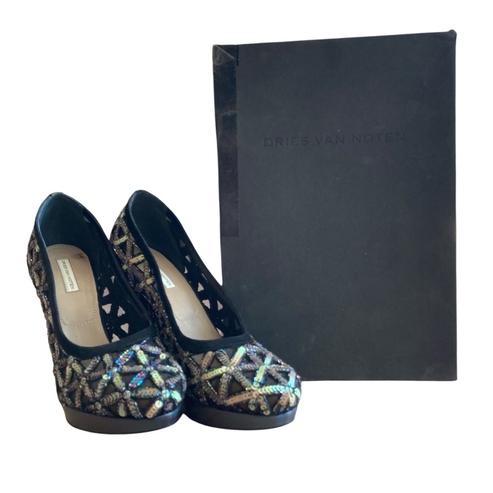 DRIES VAN NOTEN | Holographic Sequin Beaded Mesh Platform Heels Sz 37.5 Italy